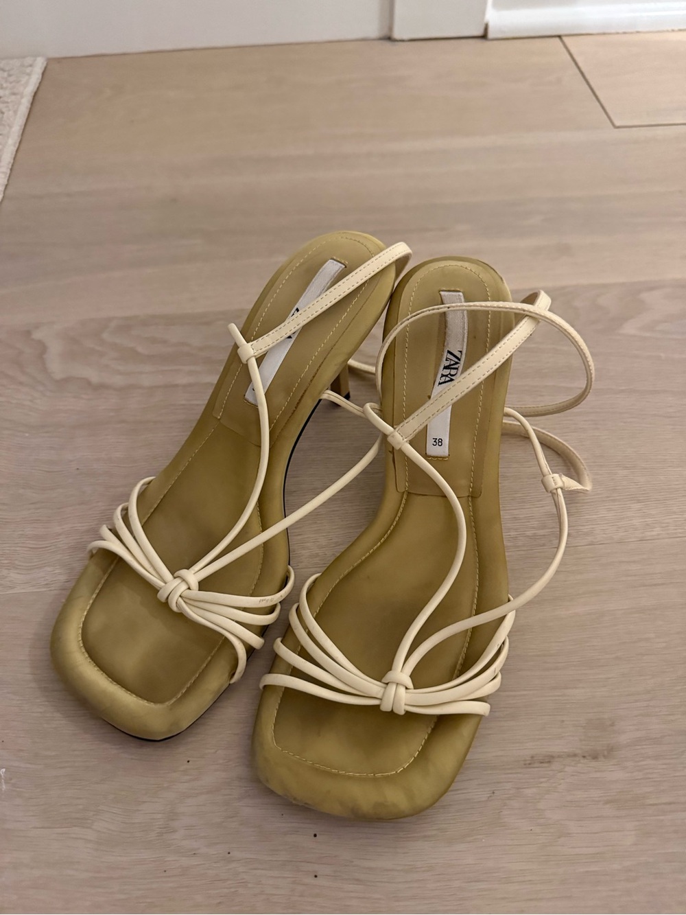 Zara Beige Strappy Knot Square-Toe Heeled Sandals
